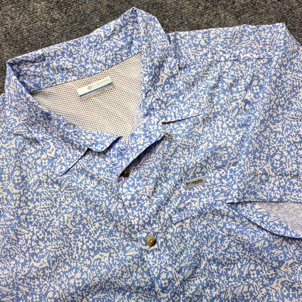 Columbia PFG Men's XL Blue Swordfish Print Short Sleeve Fishing Shirt Omni-Shade